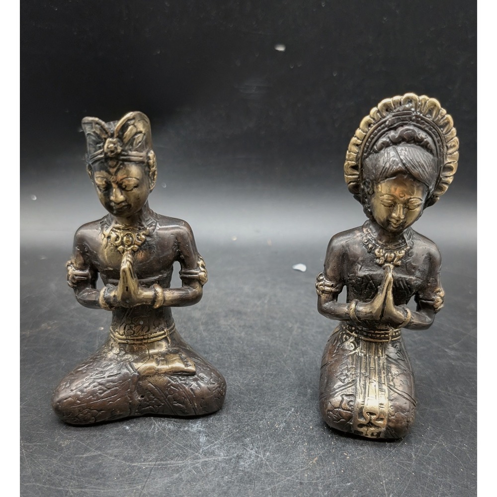 Vintage Balinese Bronze Kneeling Prayer Statues Set of 2 Namaste Figures 4.75"